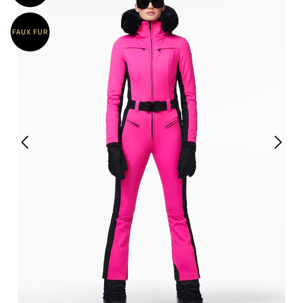 Goldbergh parry one piece longer length ski suit in pony pink with faux fur hood